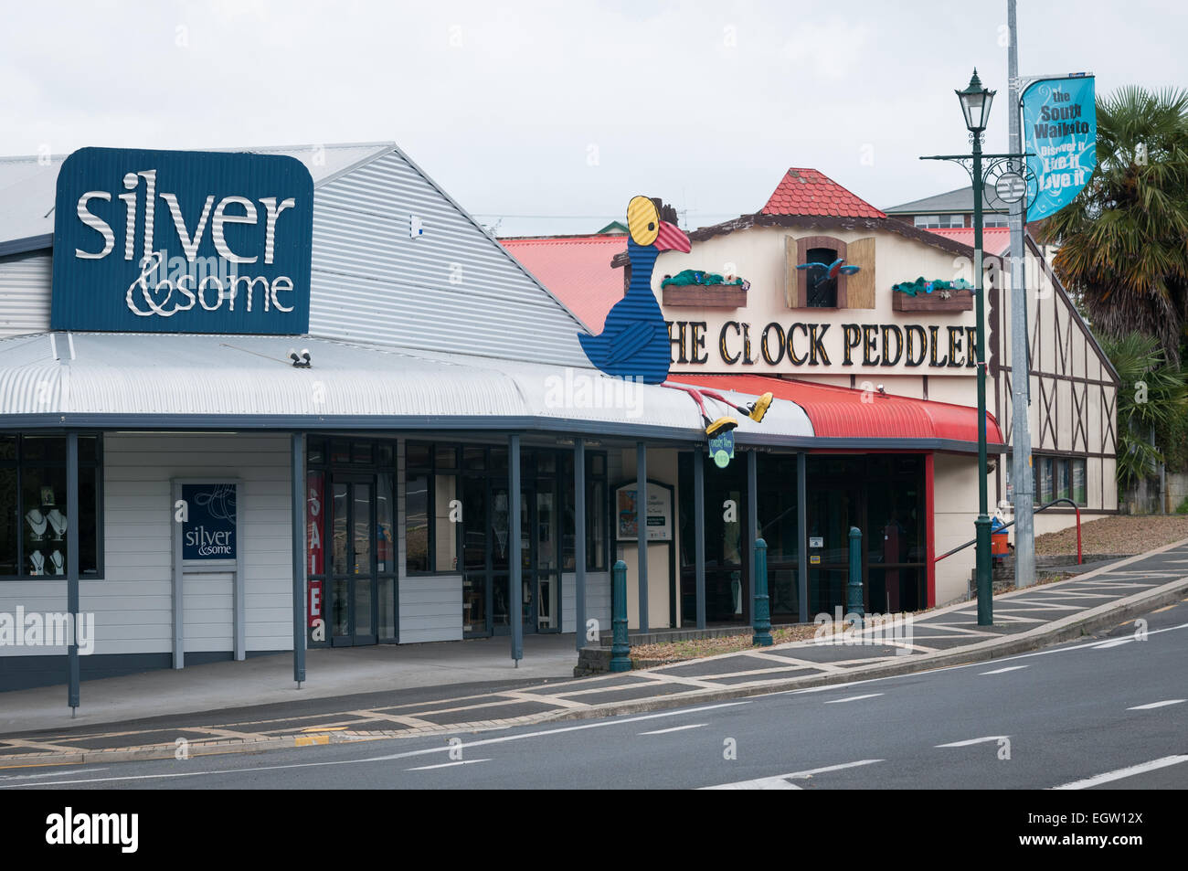 Corrugated signs and buildings, Main Road, Tirau, Waikato, North Island, New Zealand. Stock Photo