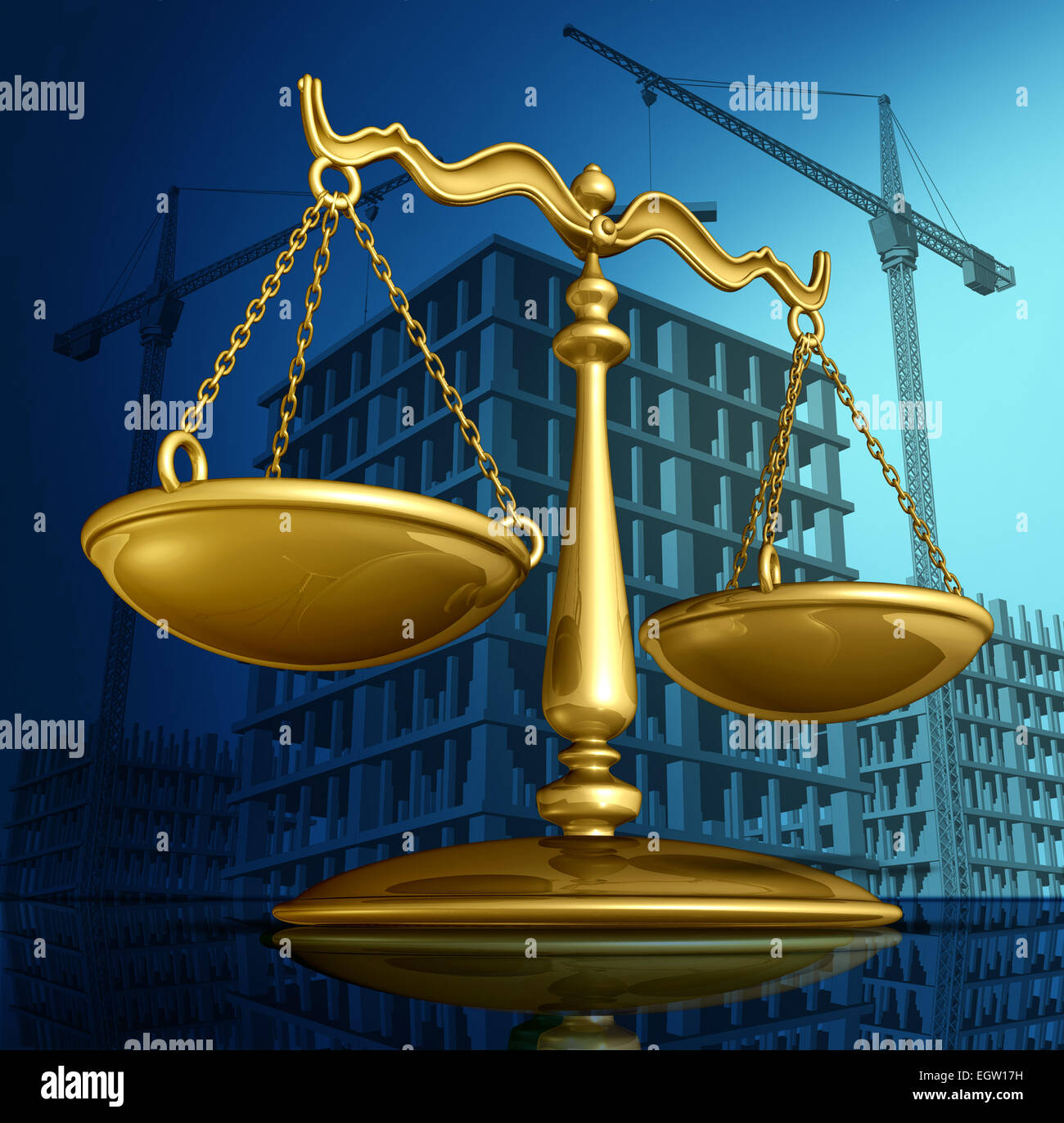 Construction law concept as a justice scale over a working building site with cranes and a structure being built as a concept for architecture permits and real estate regulations. Stock Photo