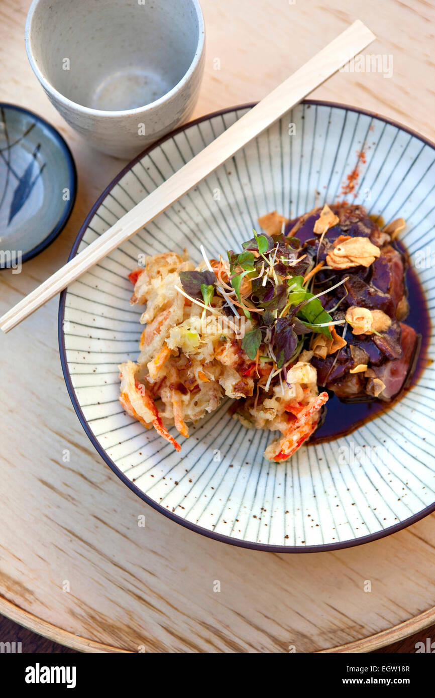 Beef and soy sauce, tempura of vegetable Stock Photo Alamy