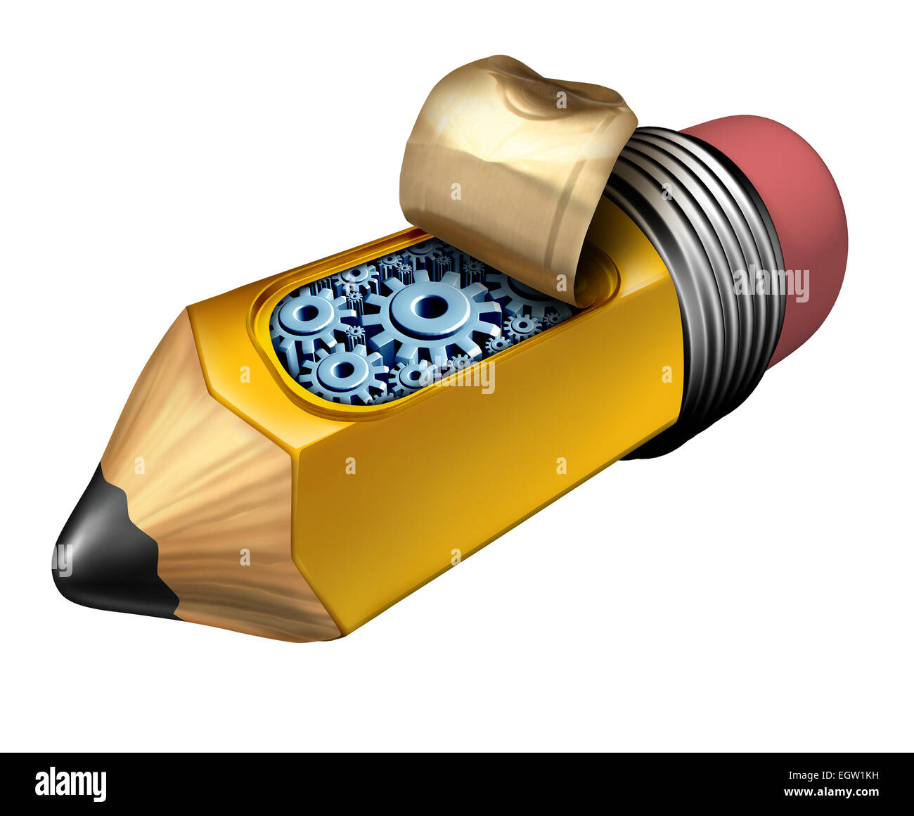 Inside creativity business innovation concept as a pencil with an opening revealing gears and cog wheels under the hood as a technology metaphor object. Stock Photo