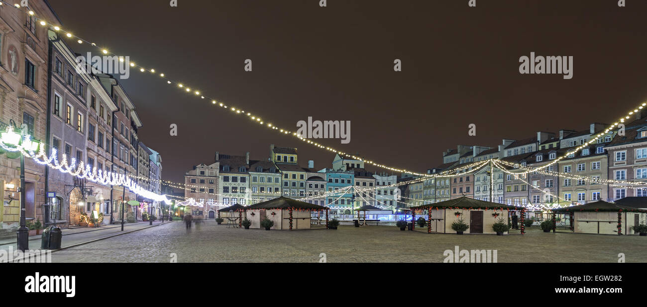 Panoramic view of Old Town in Warsaw at night, Poland. Stock Photo
