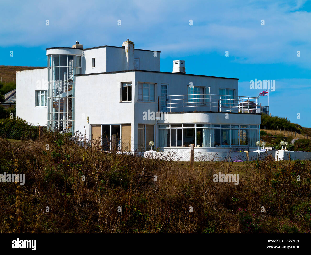 White Modernist house at Polventon St Merryn Trevose Head Cornwall England UK built 1936 by Crowe and Careless for RH Stein Stock Photo