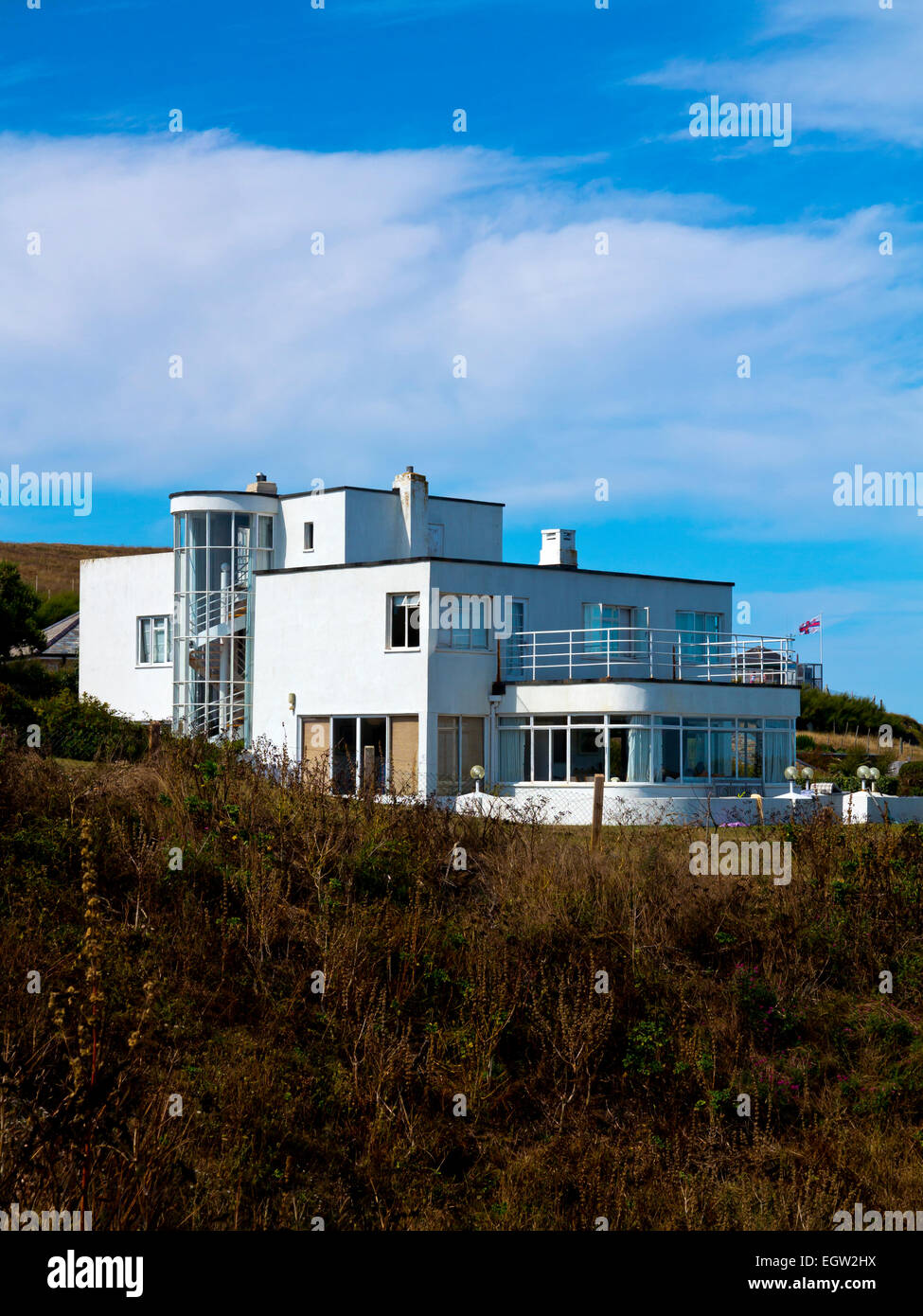 White Modernist house at Polventon St Merryn Trevose Head Cornwall England UK built 1936 by Crowe and Careless for RH Stein Stock Photo
