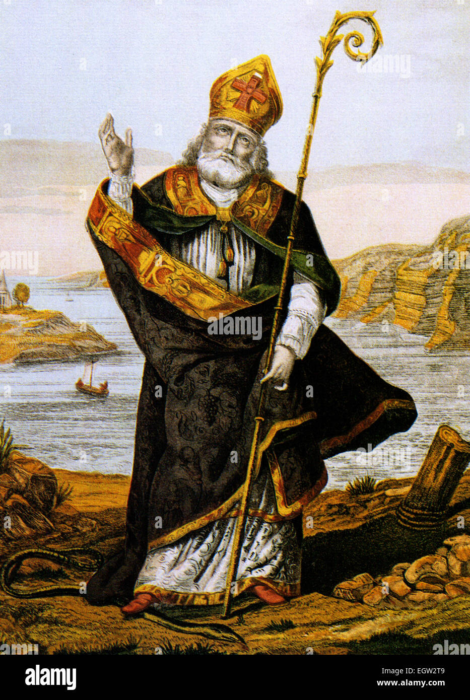 ST PATRICK Romano-British Christian missionary holding down a snake in an 18th century engraving Stock Photo