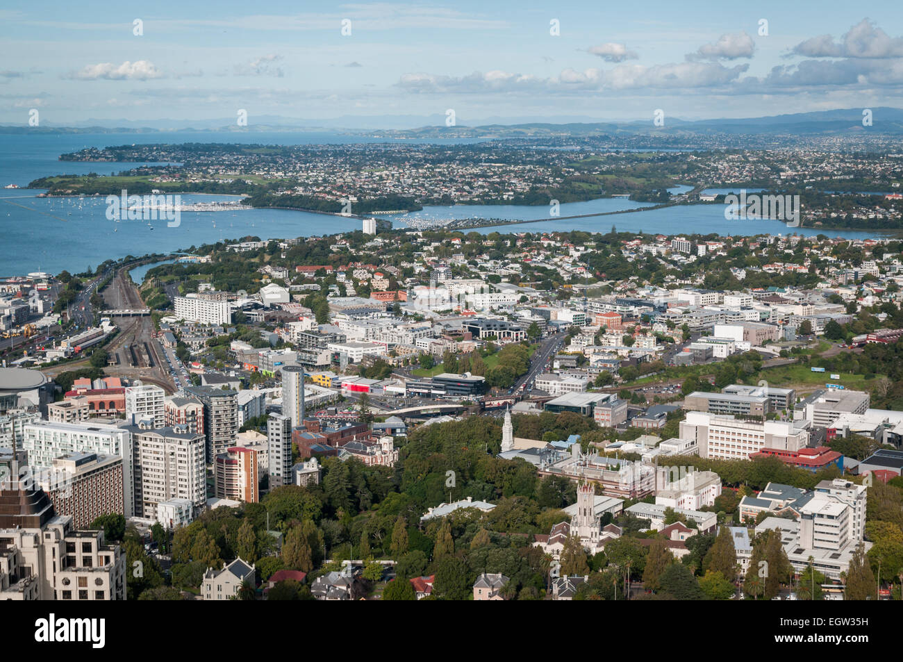 The view from the Skytower, Auckland, North Island, New Zealand. Stock Photo