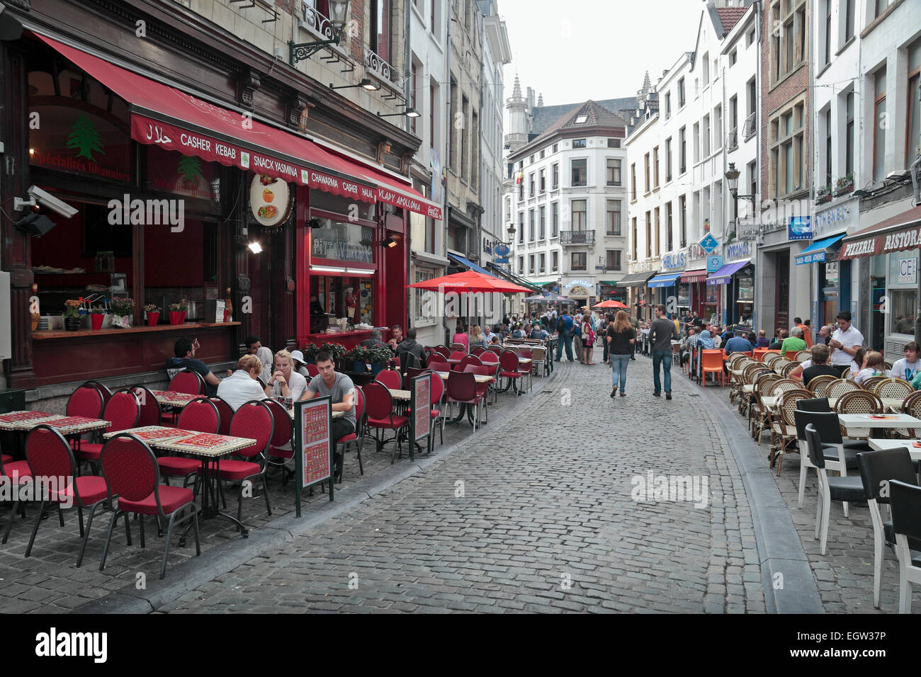 View of cafes and restaurants on Rue du Marche aux Fromages in Brussels, Belgium. Stock Photo