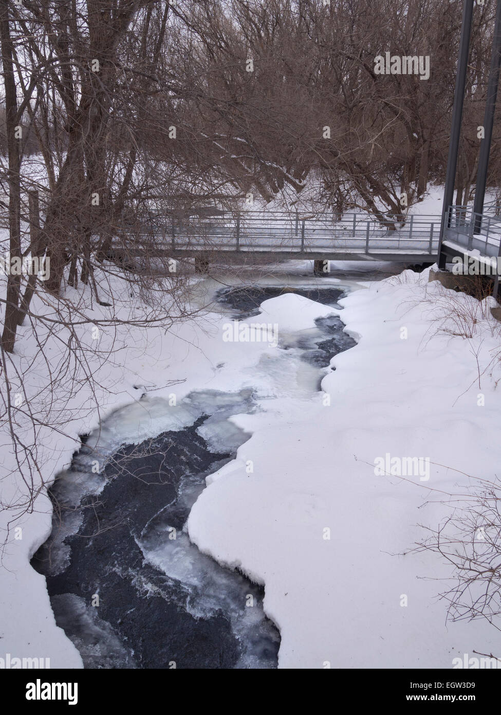 Water and bridge with snow on a winter day Stock Photo