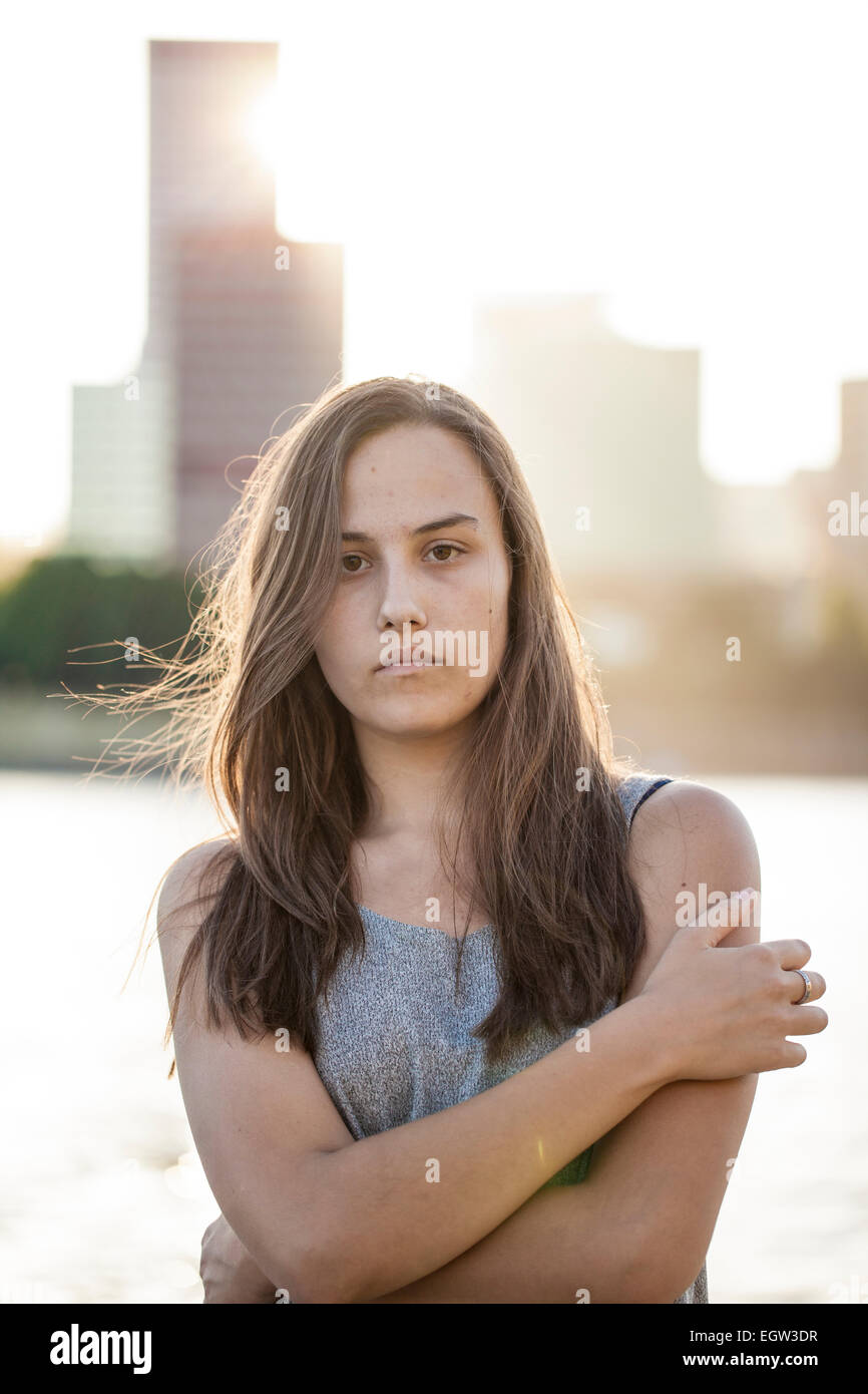 Portrait of woman with arms crossed, in Portland Stock Photo
