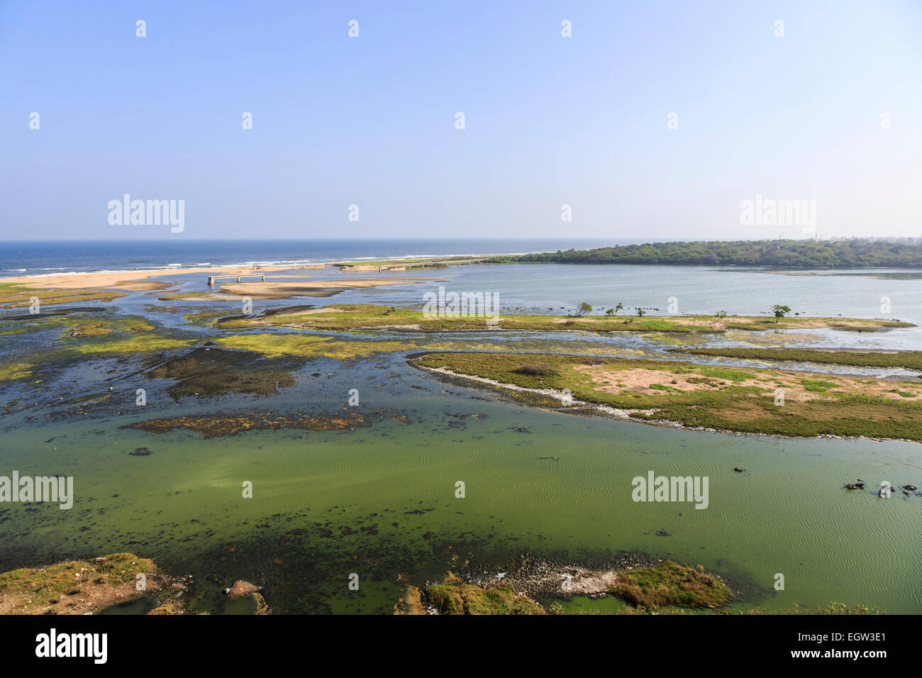 Panoramic view of the polluted estuary and islands of the Adyar River and seashore, Chennai, Tamil Nadu, southern India Stock Photo