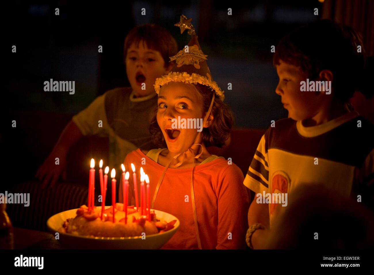 Girl about to blow out candles on a birthday cake Stock Photo Alamy