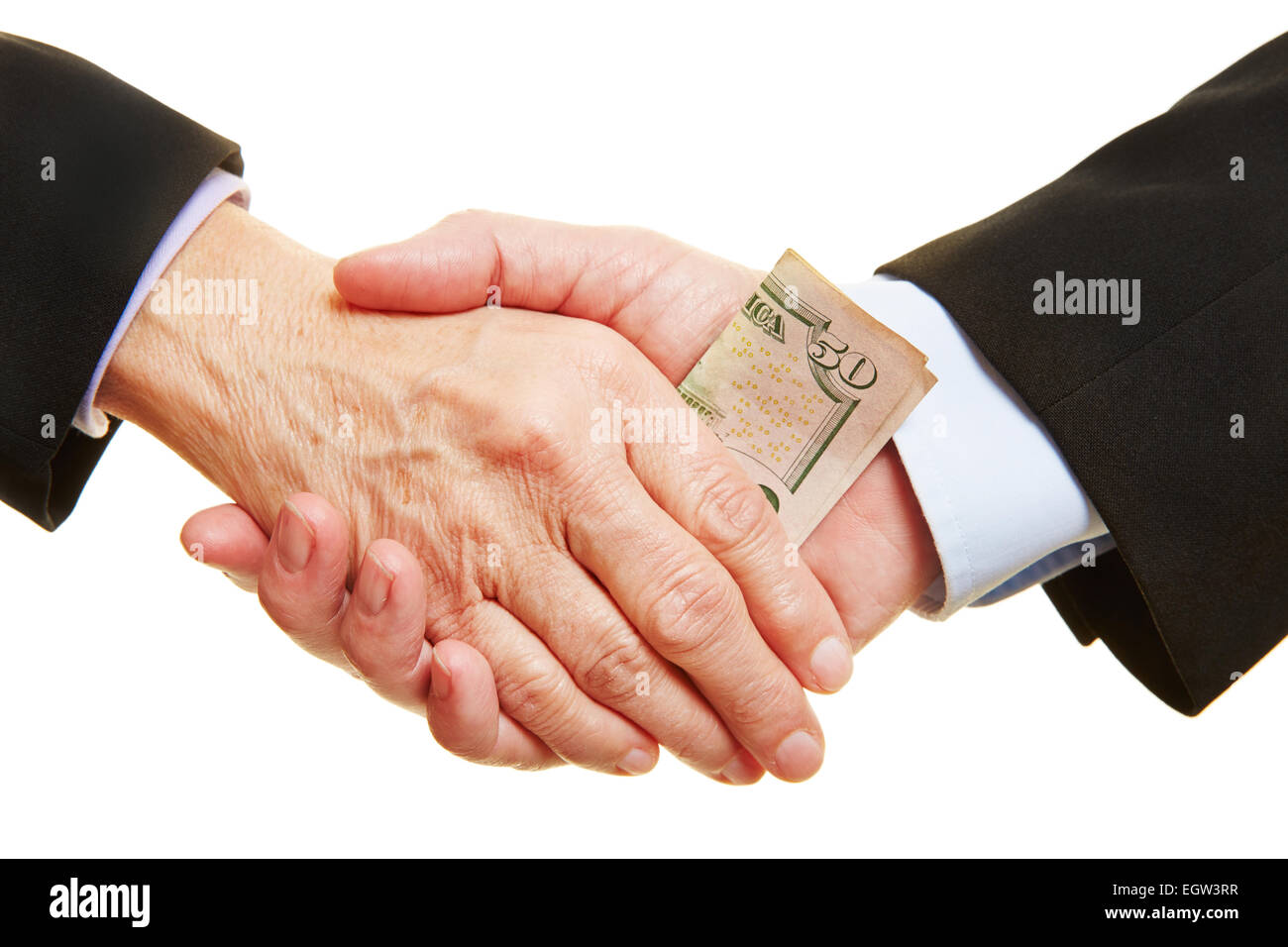 Business bribery and corruption with dollar bill in handshake Stock Photo