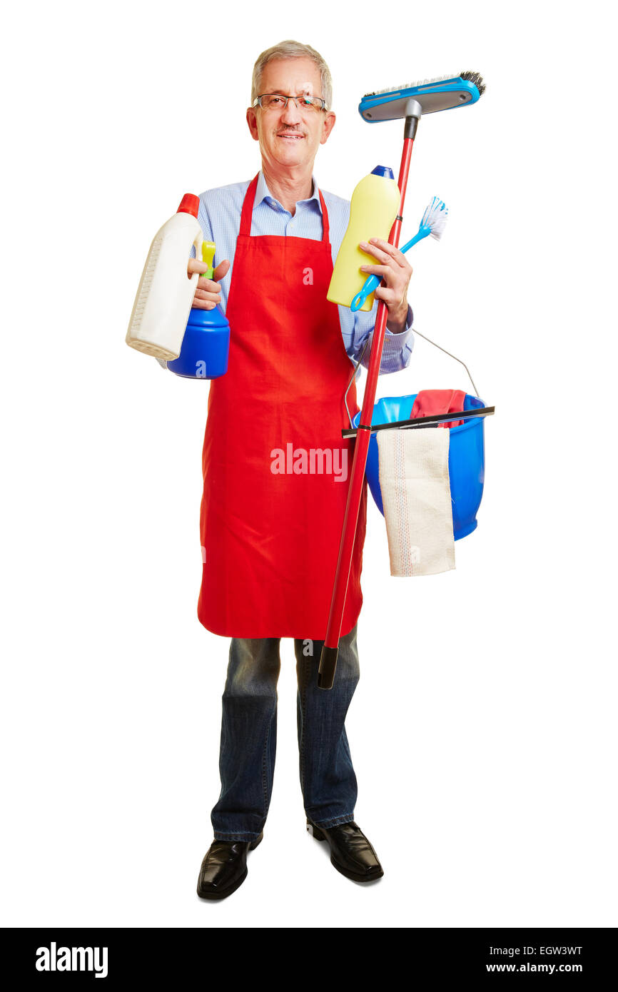 Man with many cleaning supplies in his hands as housemaker Stock Photo