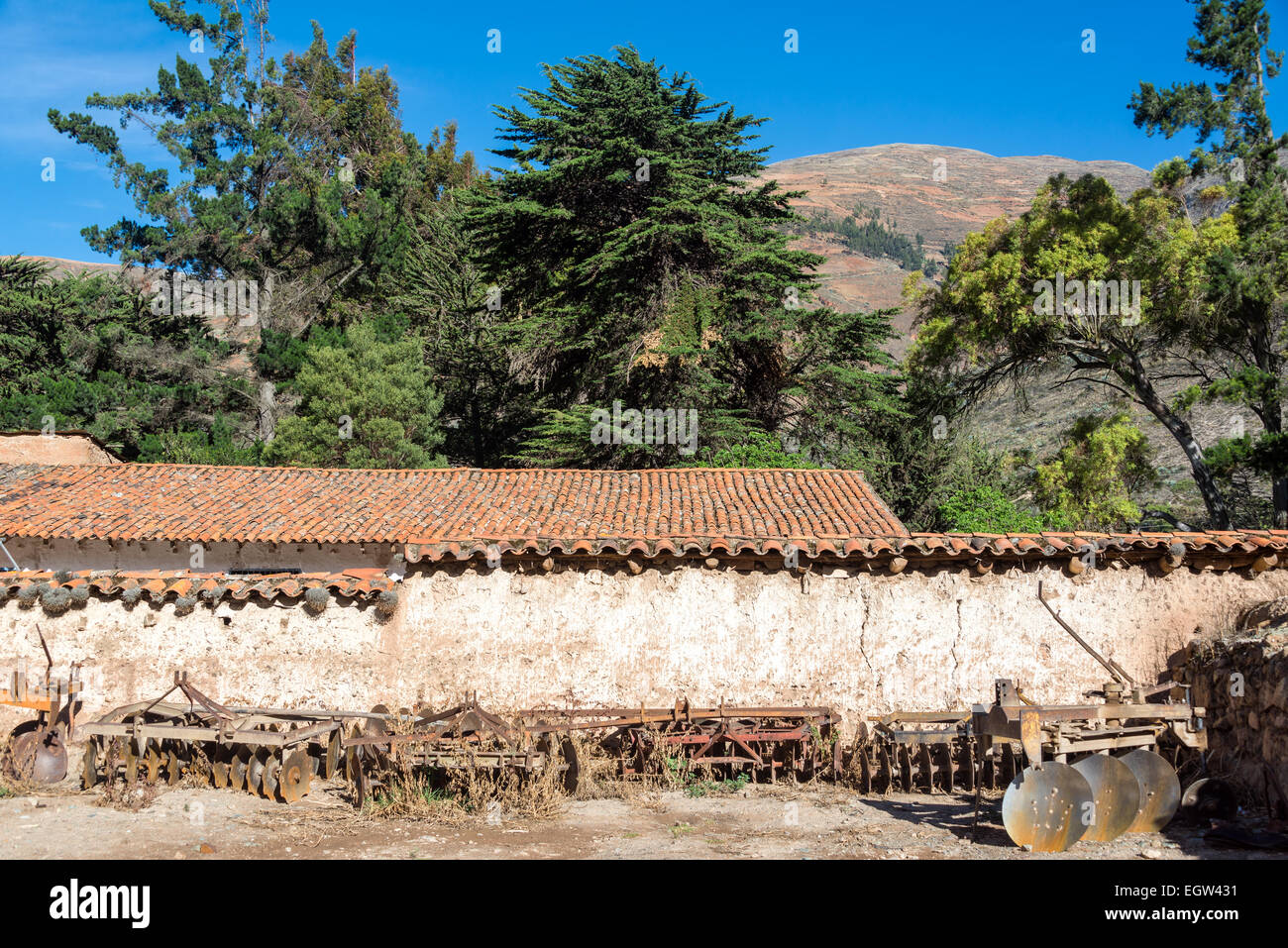 Old colonial hacienda and farm tools in Tarma, Peru Stock Photo