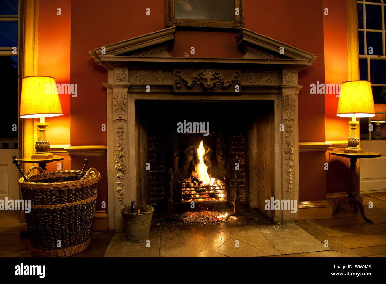 Fireplace with fire sparking Stock Photo