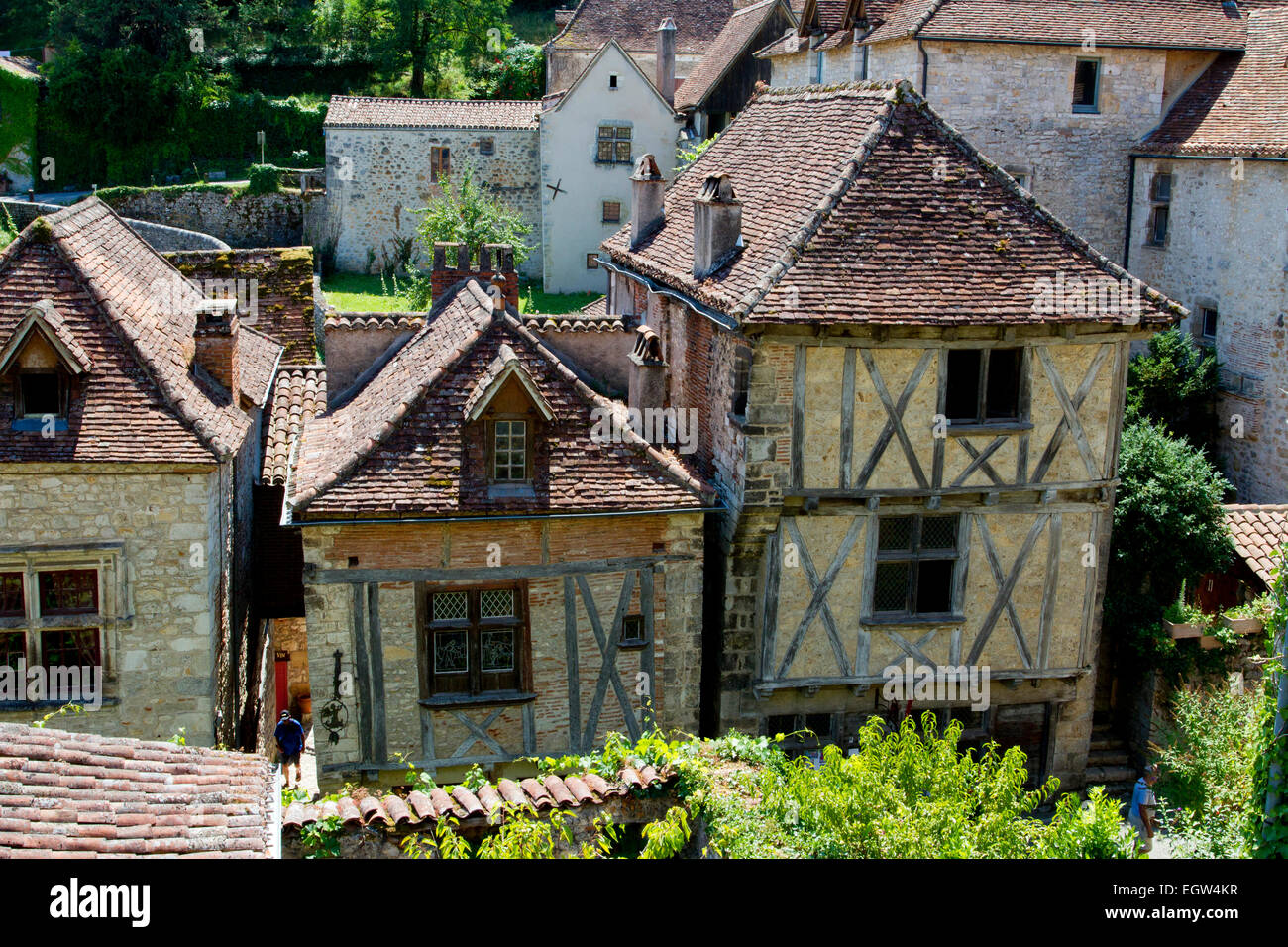 Houses of  medieval architecture in Saint-Cirq-Lapopie, a commune in the Lot department in south-western France in August Stock Photo