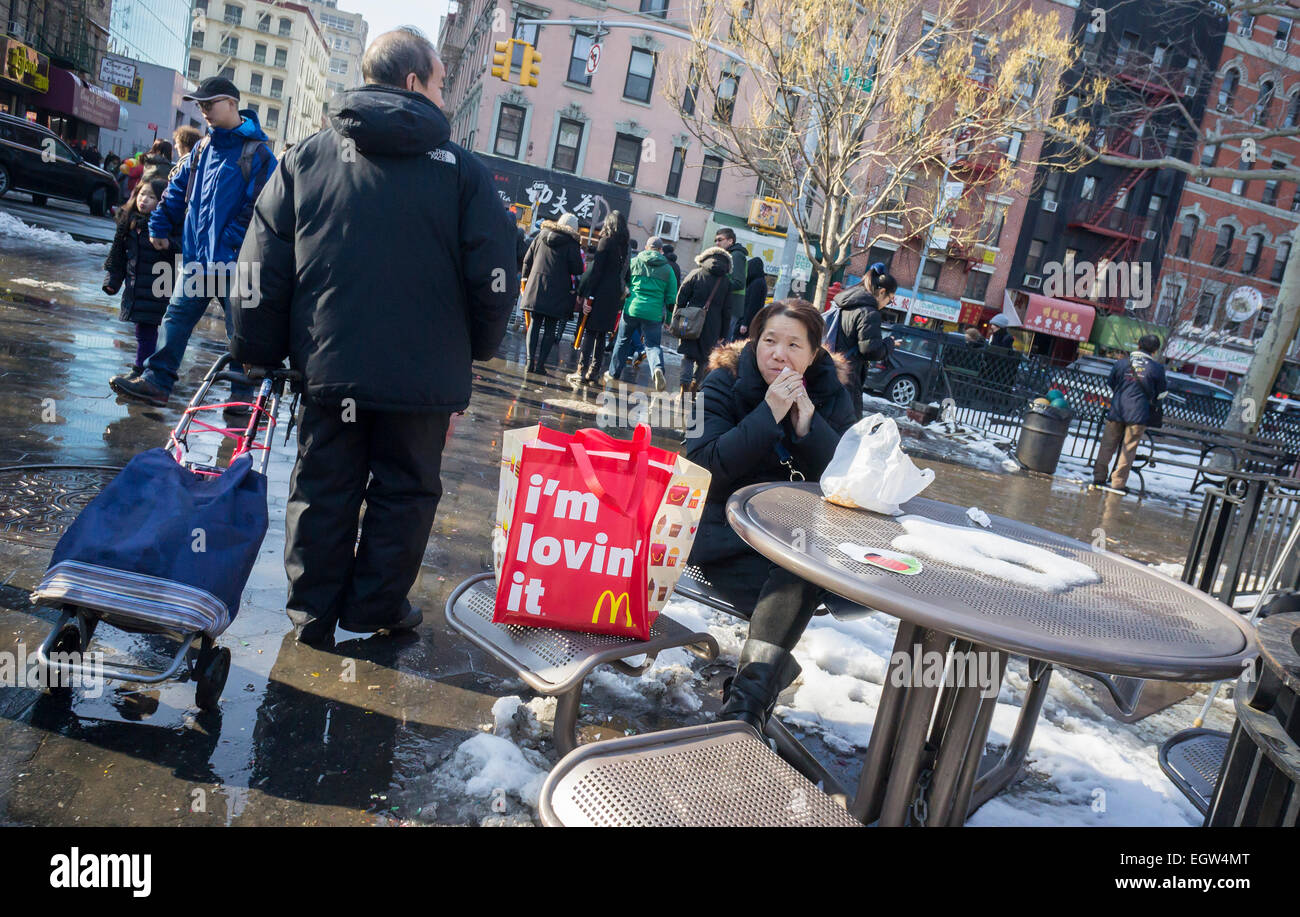 A woman eats her McDonald's lunch in a park in Chinatown in New York on Sunday, February 22, 2015.  (© Richard B. Levine) Stock Photo