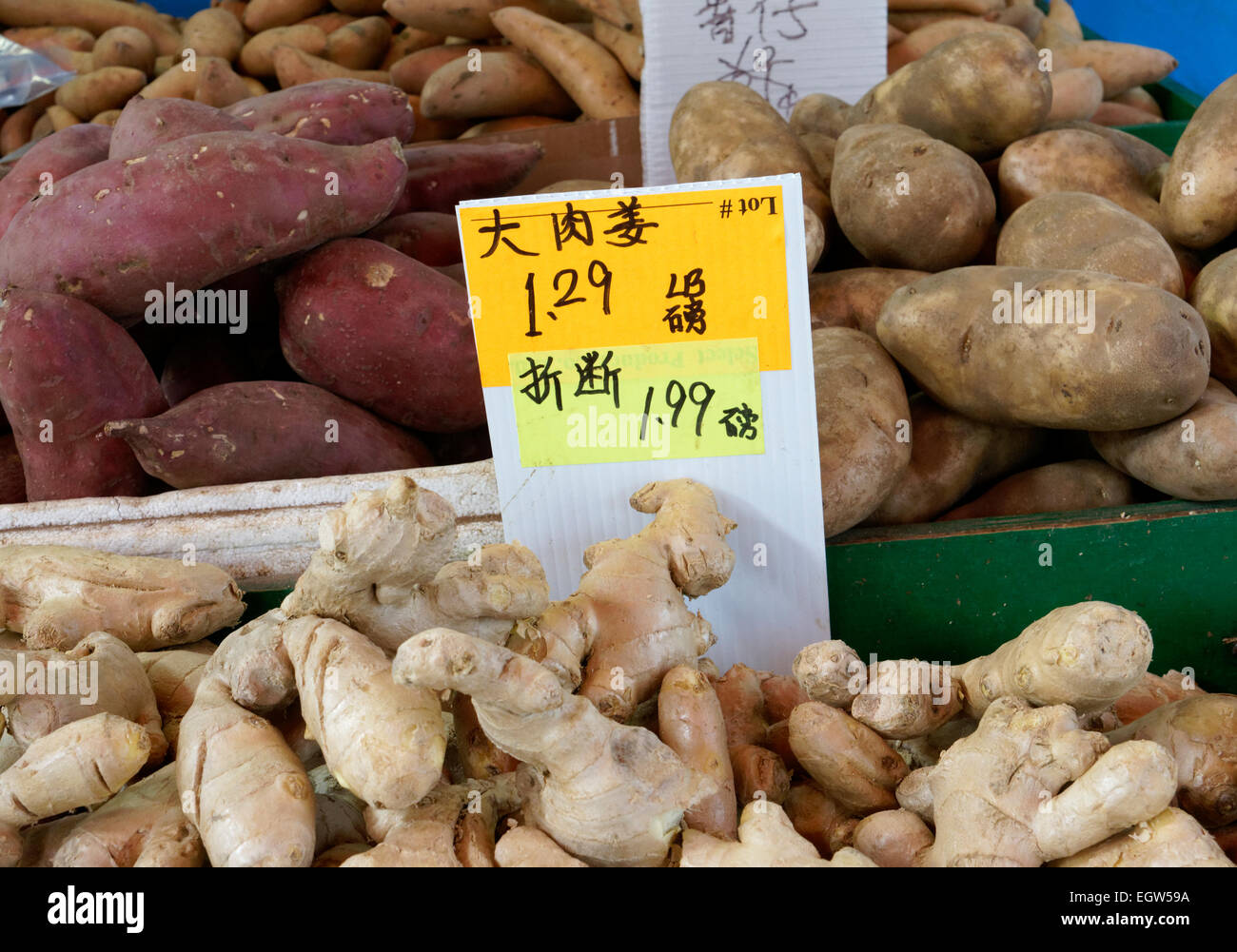 Ginger root, sweet potatoes, and yams for sale in Chinatown, Vancouver