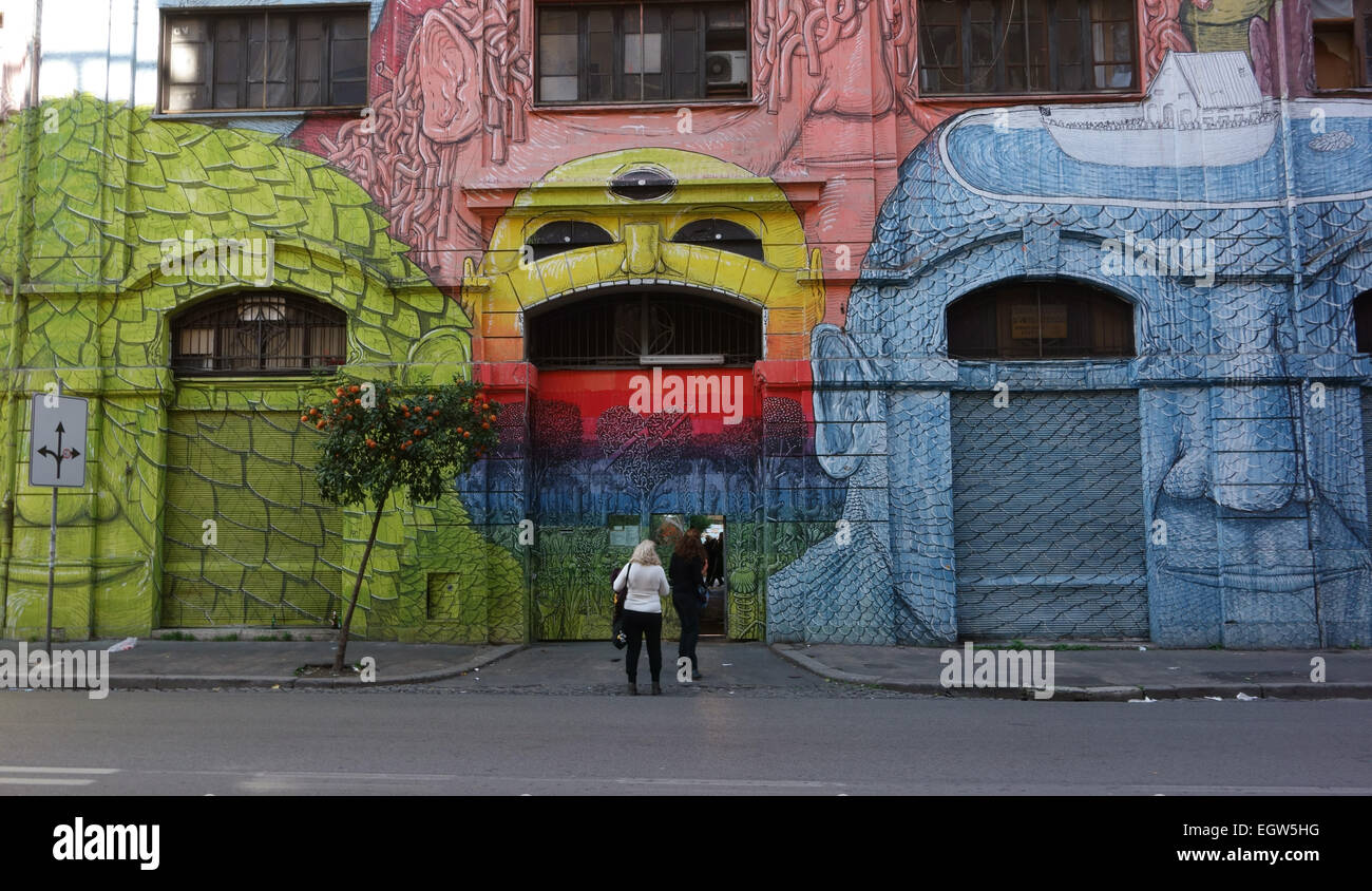 ROME - FREBRUARY 28, 2015: The Occupied Building in via del Porto Fluviale street covered with mural paintings Stock Photo