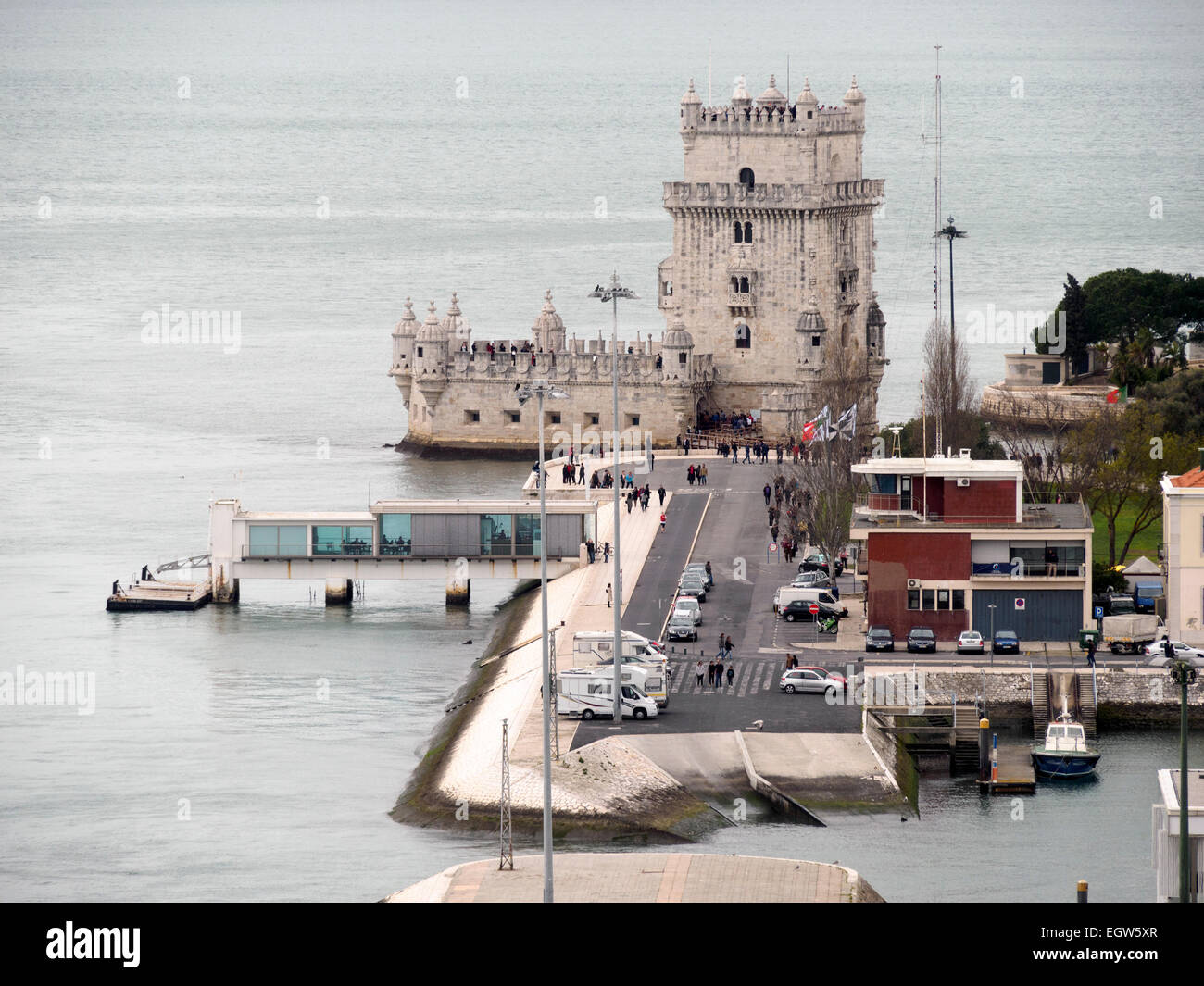 Aerial view of the Belem Tower or Torre de Belém in Lisbon, Portugal, Europe Stock Photo