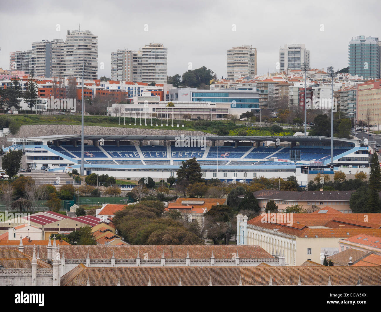 Aerial view of the soccer team Os Belenenses stadium Estádio do Restelo in Lisbon, Portugal Stock Photo