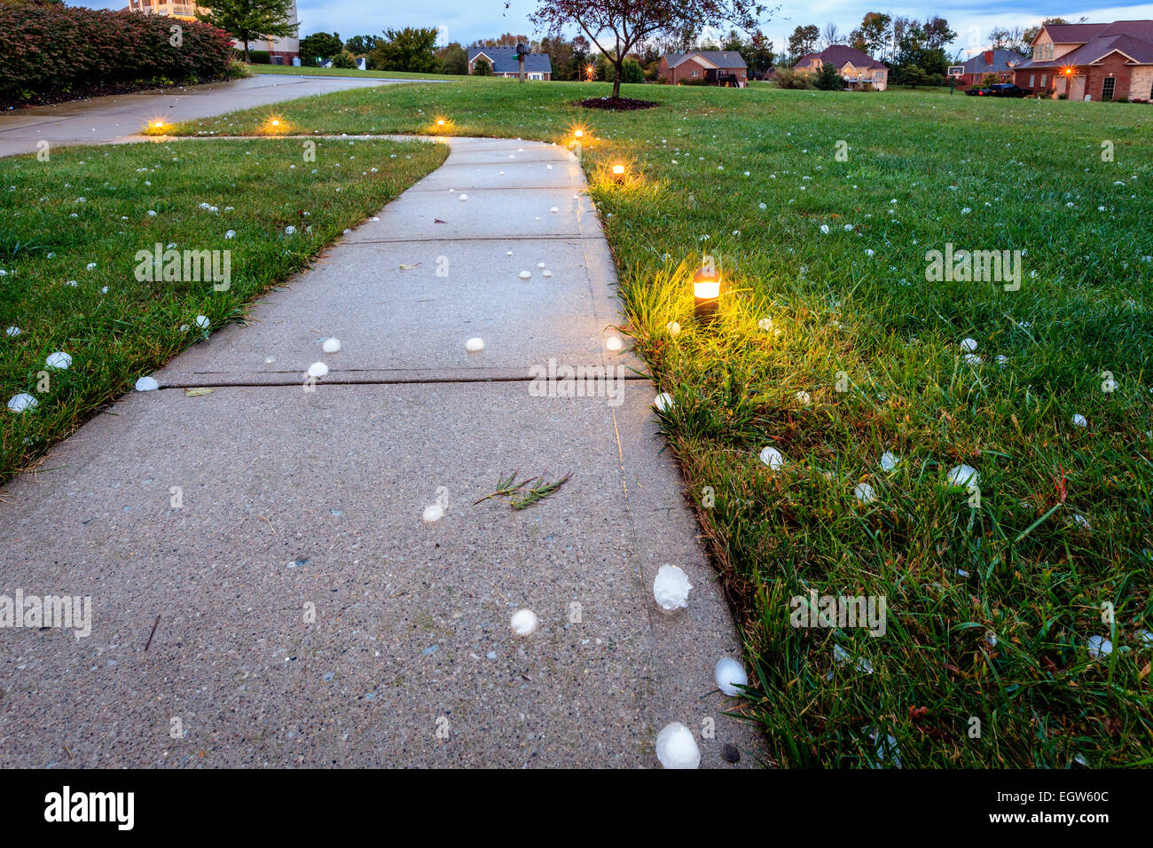 Baseball size hail covering the ground after the storm in Georgetown, Kentucky Stock Photo
