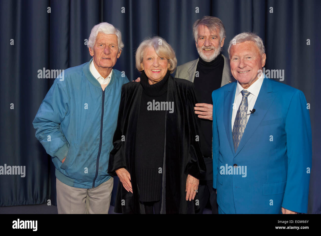 Walsall, West Midlands, UK. 2 March 2015. L to R: Veteran DJ and broadcaster Pete Murray, singer songwriter Jackie Trent, broadcaster Ed ‘Stewpot Stewart and host David Hamilton at the recording of ‘The David Hamilton Show’, a new weekly television series commencing 3 March 2015 on the new Midlands channel Big Centre TV. Hosted by the well-known presenter and broadcaster ‘Diddy’ David Hamilton the show features famous personalities from across the music and television spectrum. Credit:  John Henshall/Alamy Live News PER0485 Stock Photo