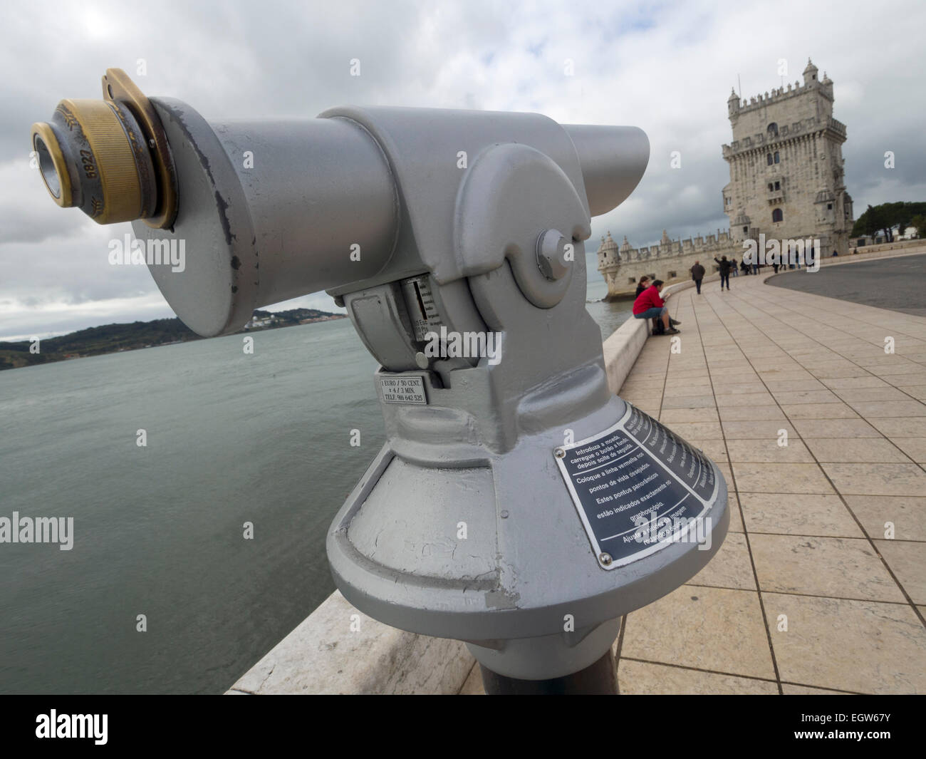 Coin operated sightseeing binoculars next to the Belem tower in Lisbon, Portugal Stock Photo