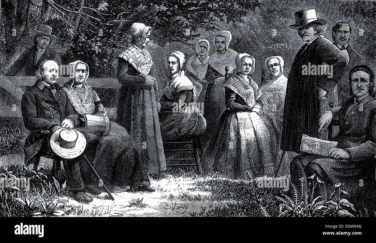 Shaker men and women in traditional costumes in 19th Century USA, engraving  from The Communistic Societies of the United States Stock Photo - Alamy