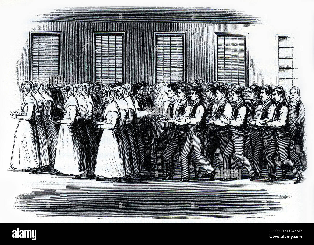 Shaker men and women in a worship service in 19th Century USA Stock