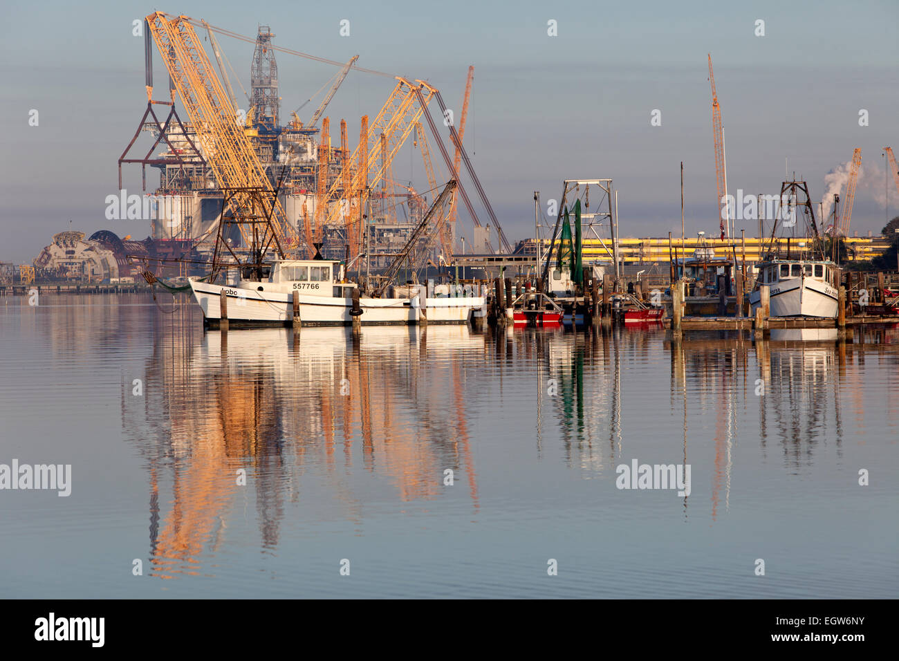 Ingleside Bay, fishing boats & service vessels, construction of  'Big Foot' deepwater oil & gas platform. Stock Photo