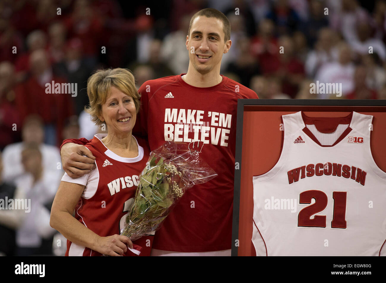 March 1, 2015: Wisconsin Badgers guard Josh Gasser #21 poses for a picture on Senior Day prior to the NCAA Basketball game between the Wisconsin Badgers and Michigan State Spartans at the Kohl Center in Madison, WI. Wisconsin defeated Michigan State 68-61. John Fisher/CSM Stock Photo