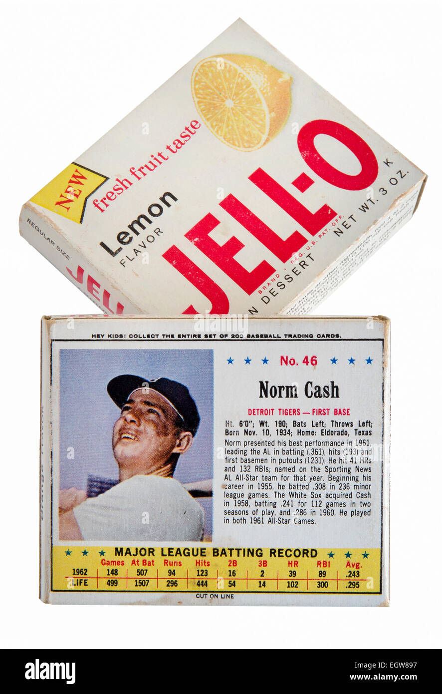 1963 Box of JELL-0 with a Major League Baseball trading card on the back side showing Norm Cash of the Detroit Tigers Stock Photo