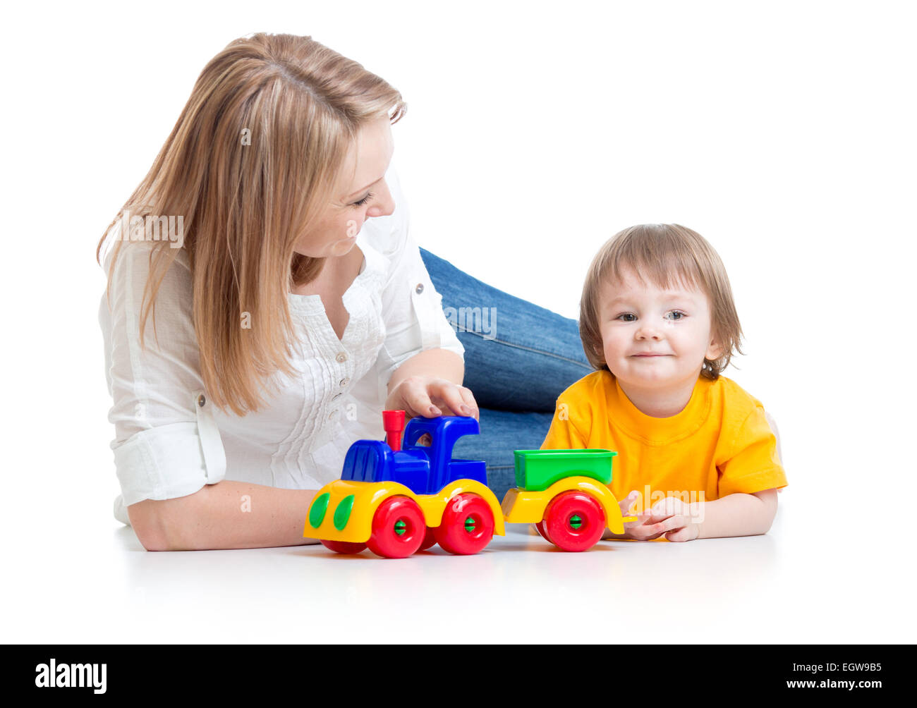 mom and kid boy playing block toys Stock Photo