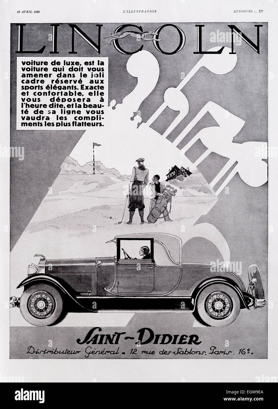 1930 advert for “Lincoln” car from French “L’Illustration” magazine. Stock Photo