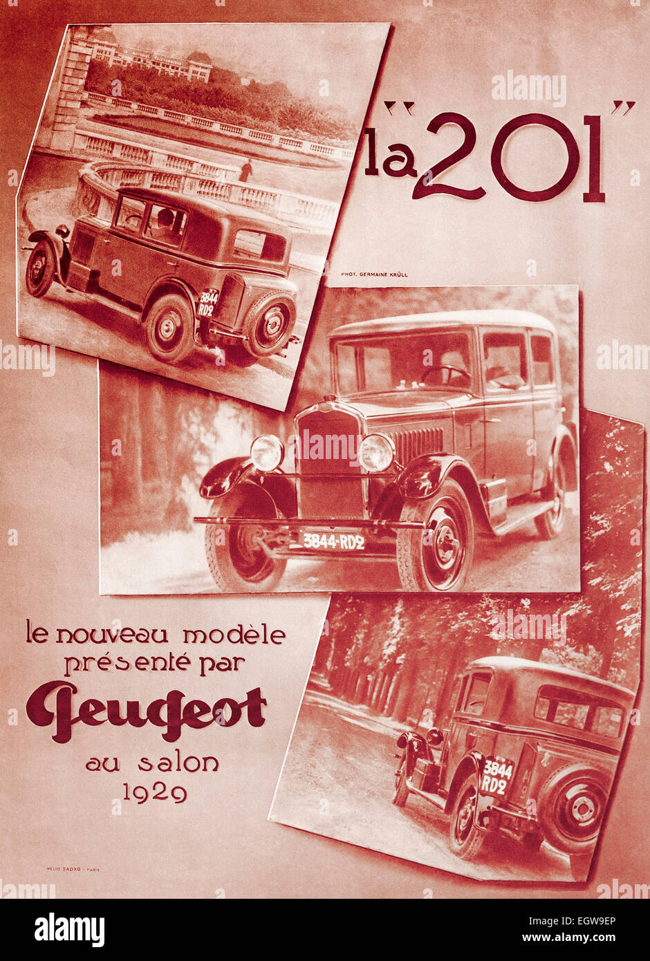 1929 advert for “Peugeot 201” car from French “L’Illustration” magazine. Stock Photo