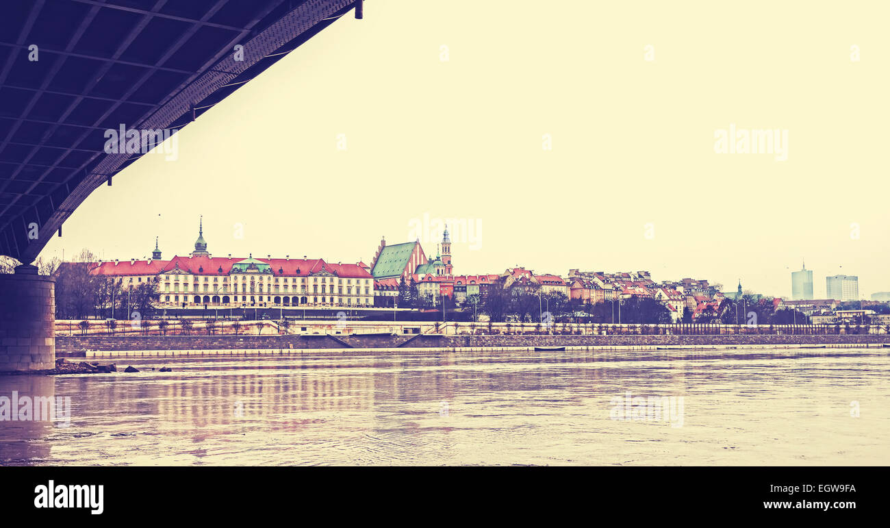 Old film retro stylized picture of waterfront in Warsaw. Stock Photo