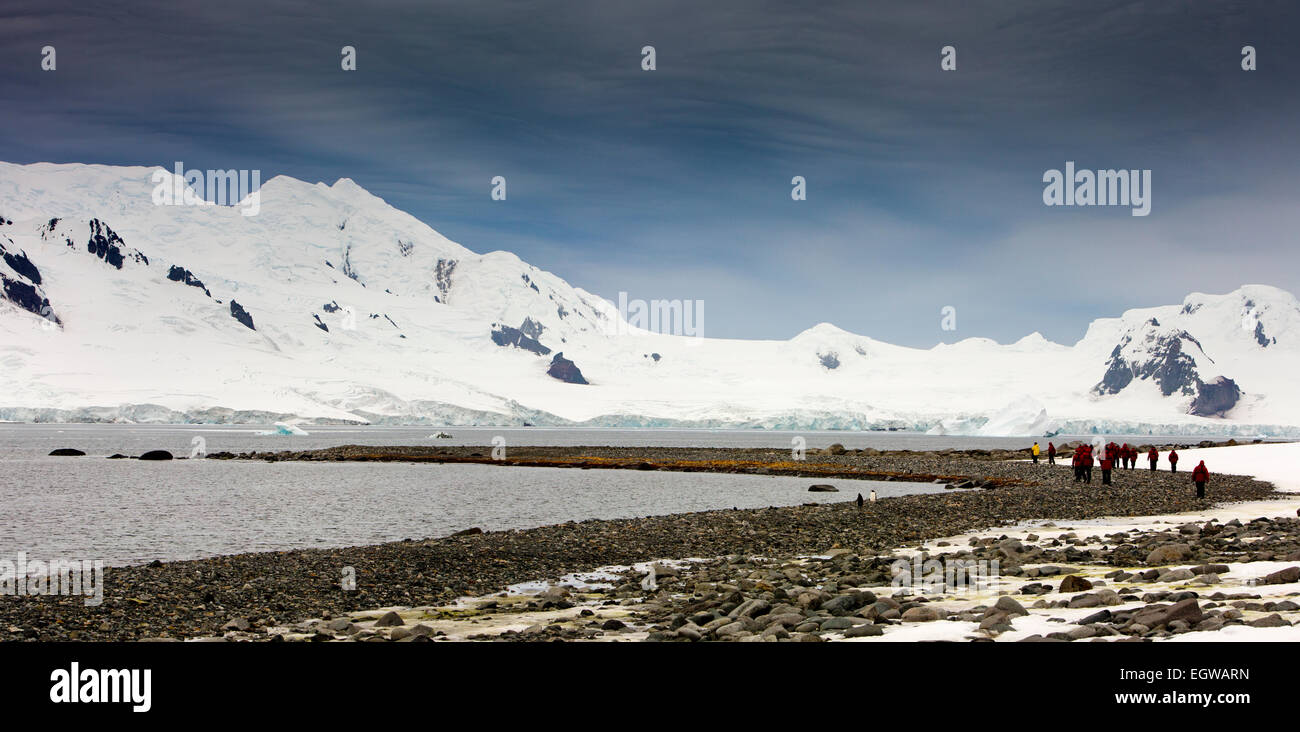 Antarctica, Livingston Island, snow capped hills and glaciers across Moon Bay from Half Moon Is, panoramic Stock Photo