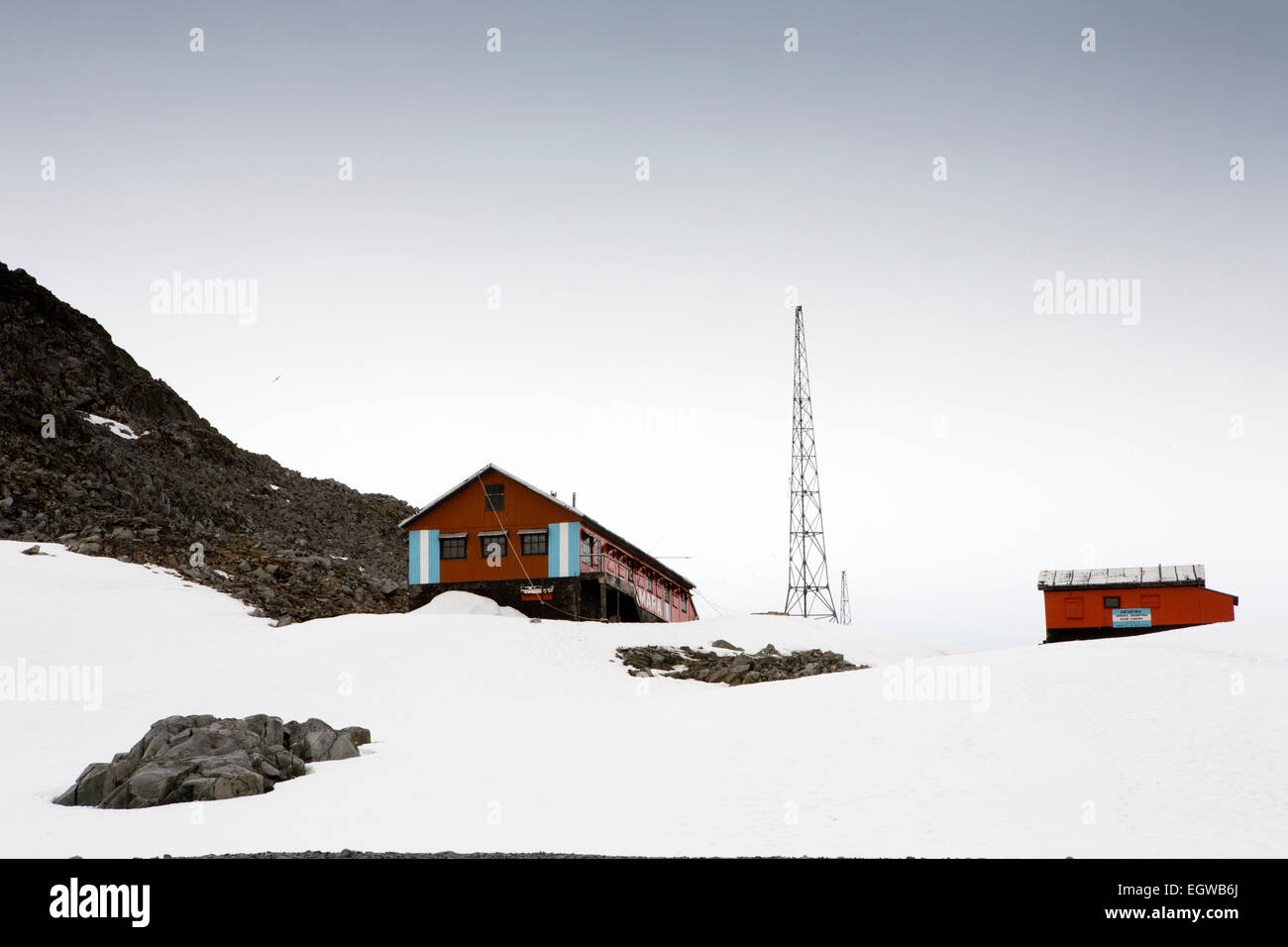 Antarctica, South Shetland Islands, Half Moon Island, Camara Argentine Navy base Stock Photo