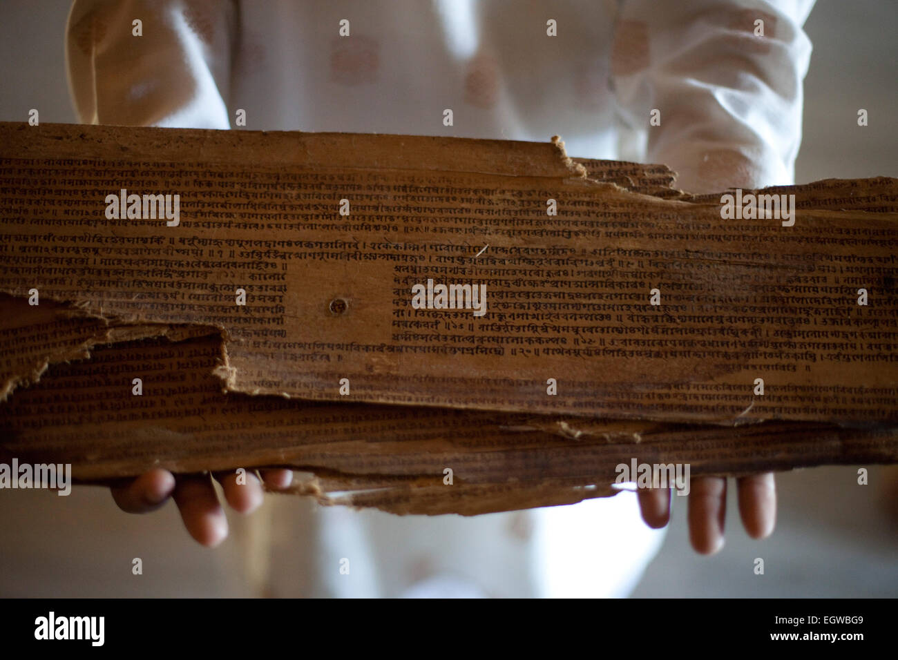 Original 16th century Sankardev manuscript held by a monk on Majuli Island, Assam, India Stock Photo