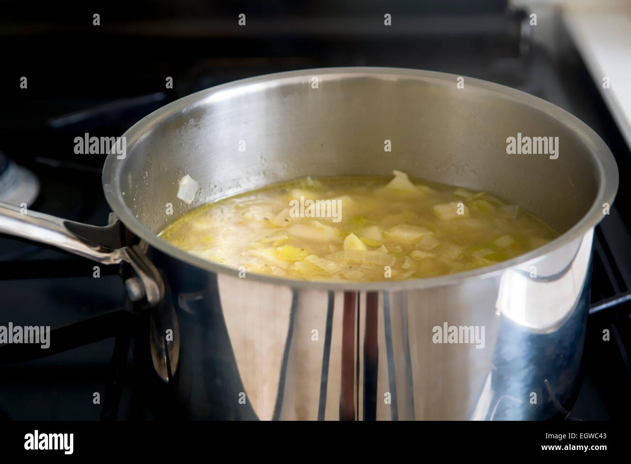 Saucepan of homemade leek and potato soup cooking on stove Stock Photo