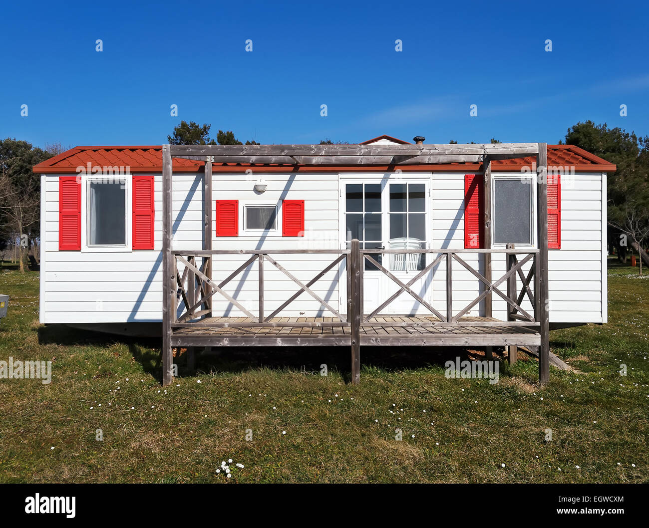 mobile home with veranda in campsite Stock Photo