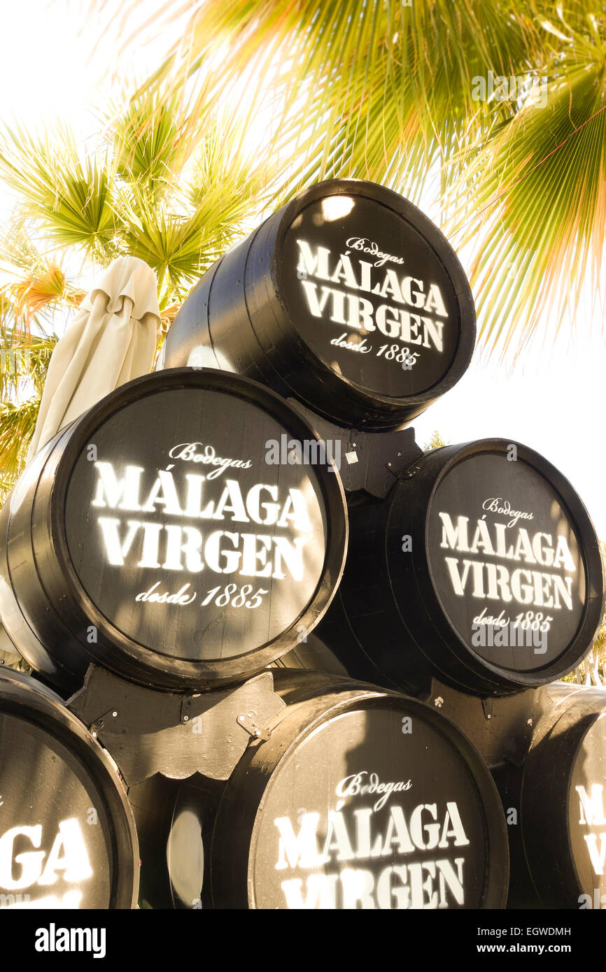 Barrels from Bodegas Malaga Virgen producers of sweet fortified wine, Malaga, Andalusia, Spain. Stock Photo