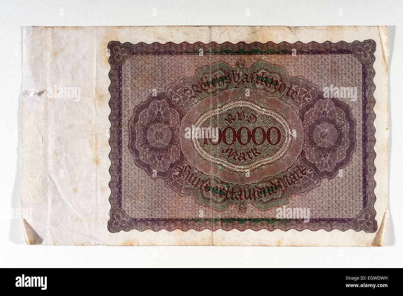 Germany - the reverse of a one hundred thousand mark note, issued by the Weimar Republic on the 1st February 1923 at the start of a period of wild hyperinflation after the Great War Stock Photo