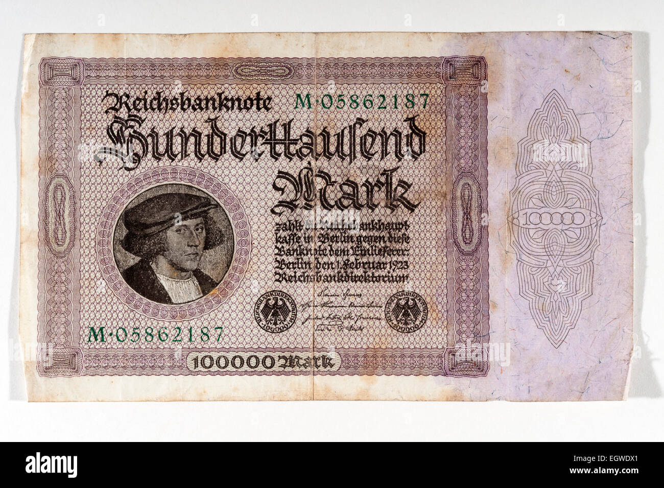 A one hundred thousand Reichsmark note, issued by the Weimar Republic of Germany on the 1st February 1923 at the start of a period of wild hyperinflation after the Great War Stock Photo