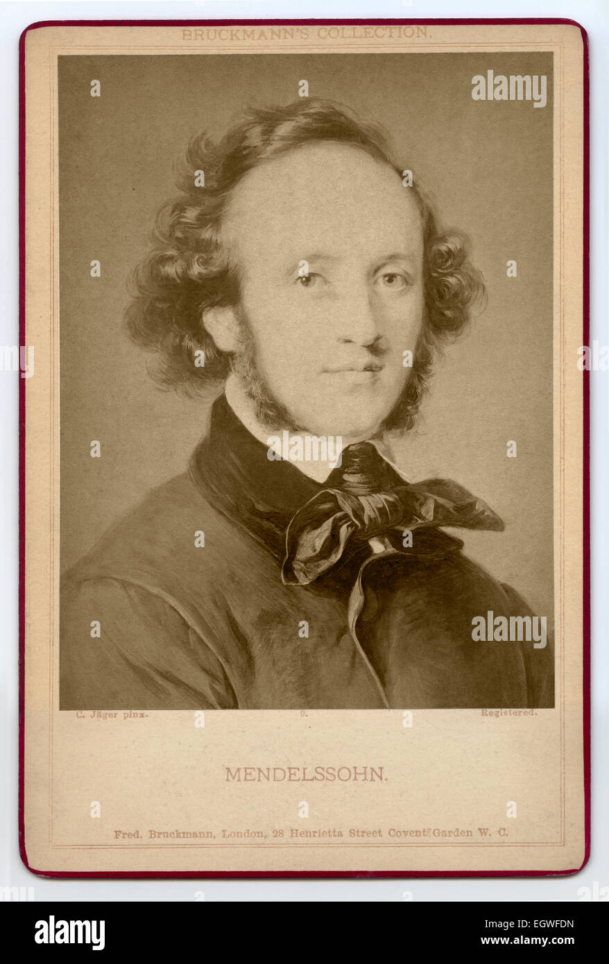Victorian Cabinet Card portrait of Felix Mendelssohn 1809 - 1847, from a painting by Carl Jäger,1838-1887  Published by Friedrich Bruckmann circa1870 Stock Photo