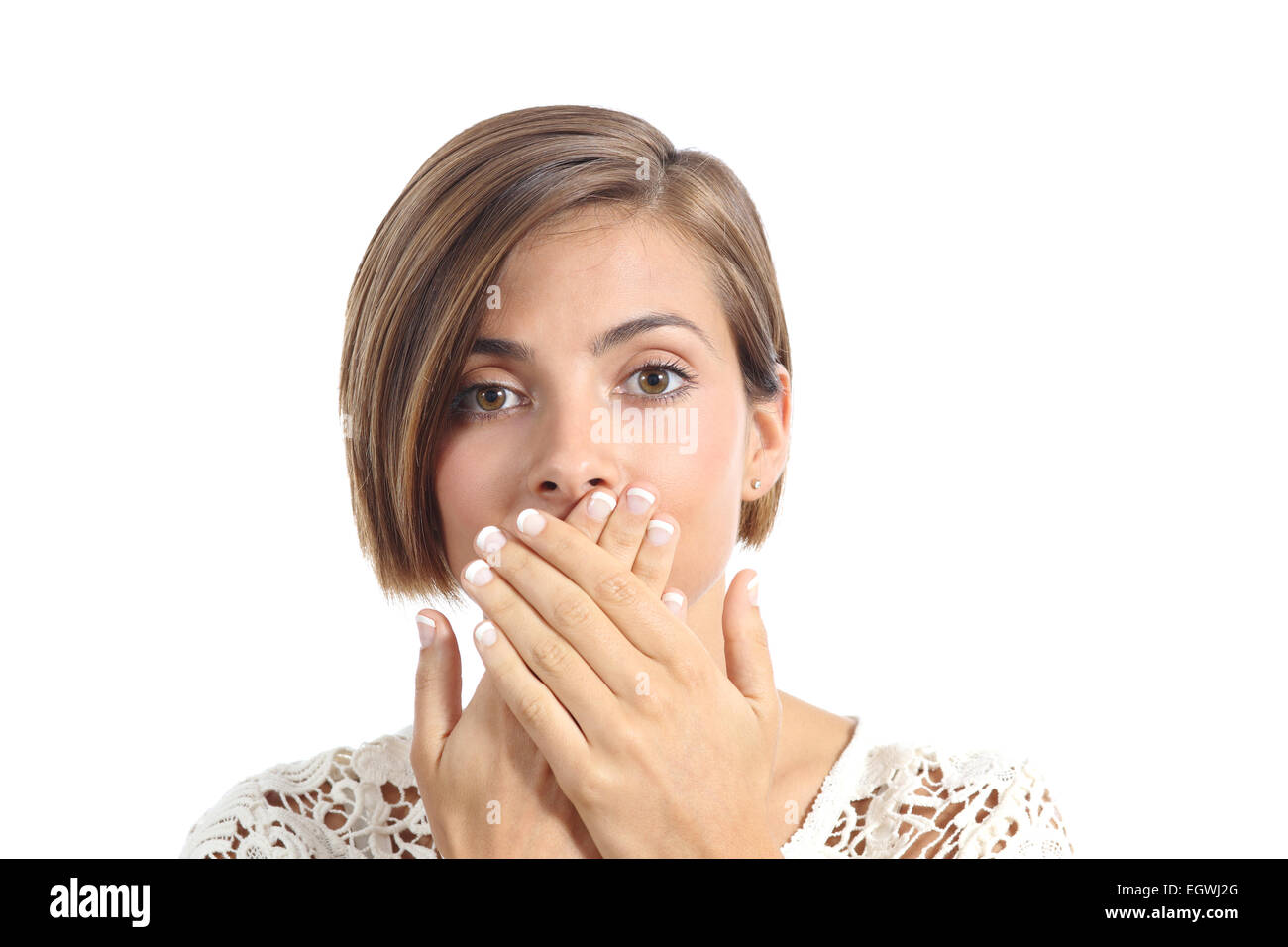 Woman covering her mouth because bad breath isolated on a white background Stock Photo