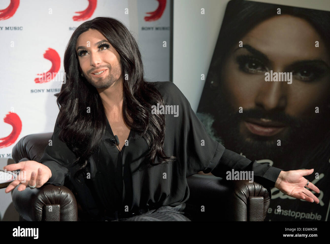 Berlin, Germany. 3rd Mar, 2015. Austrian singer and dragqueen Conchita Wurst  speaks during a press conference in Berlin, Germany, 3 March 2015. The  winner of the Eurovision Song Contest presented her new