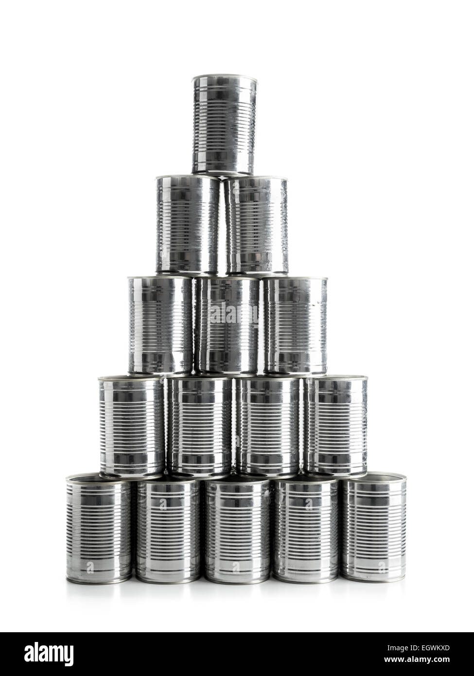Pyramid of empty food cans shot on white background Stock Photo