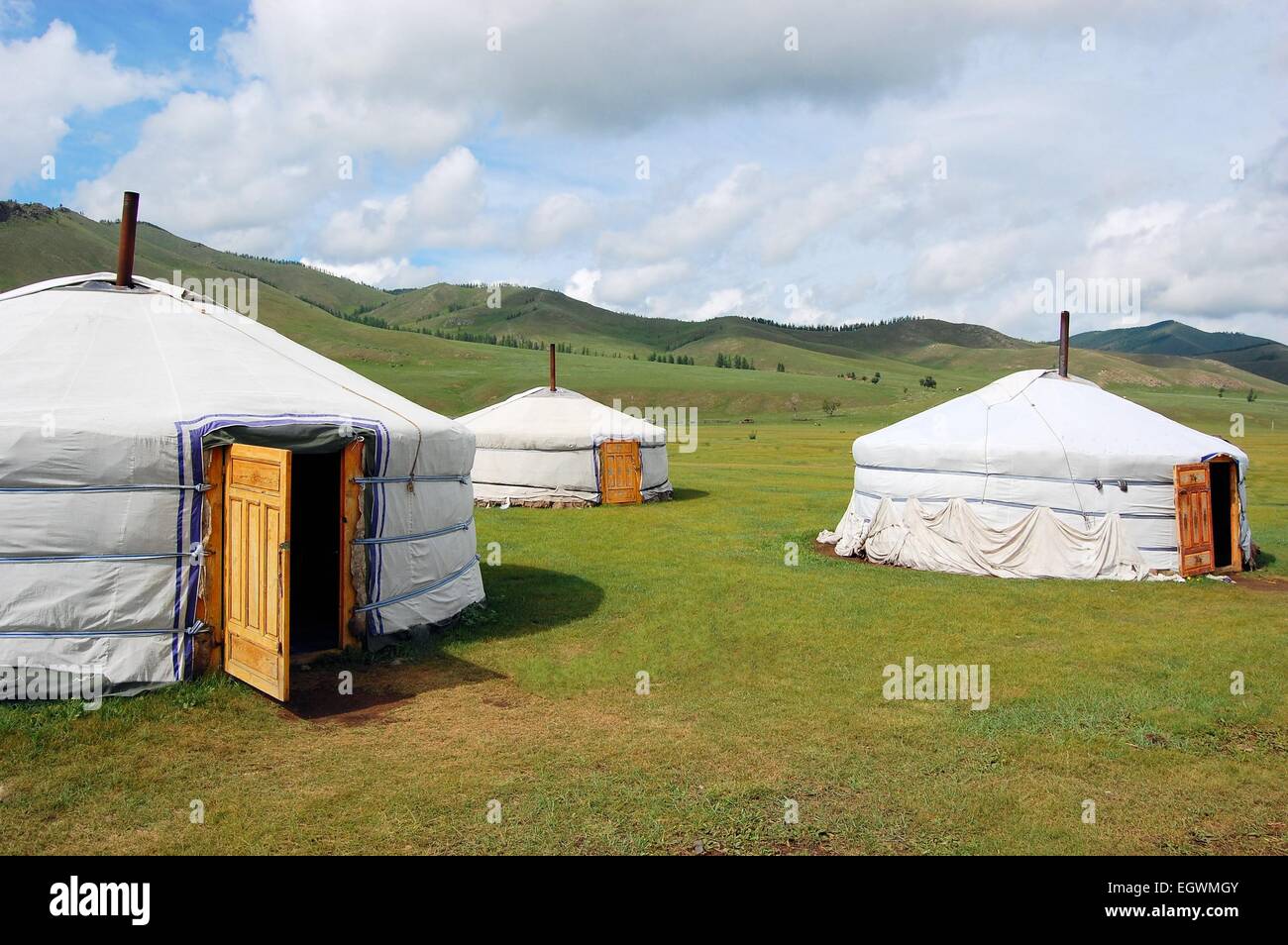Yurt camp in Mongolian Steppe Stock Photo