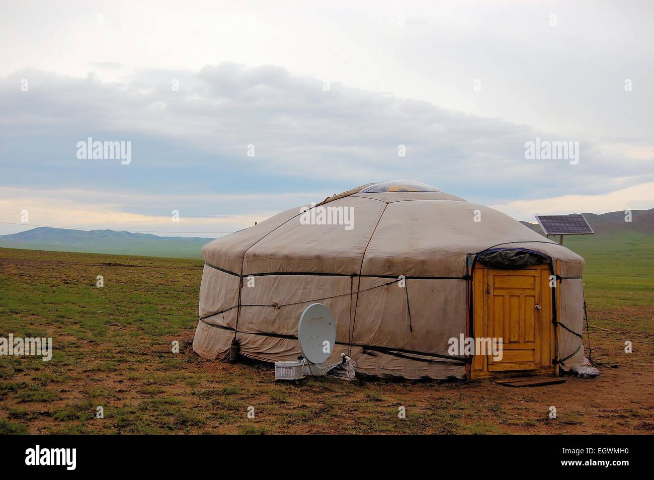 Yurt with solar and satellite in Mongolia Stock Photo